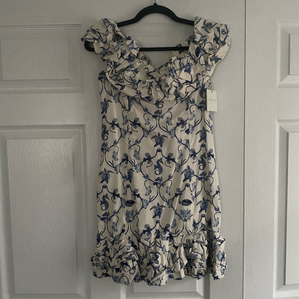 AGUA by AGUA BENDITA White & Blue Off-Shoulder Ruffled Mini Dress